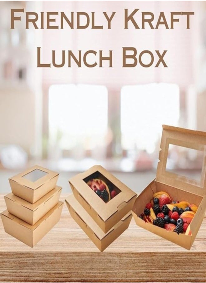 Ecoway Medium Kraft Lunch Box With Window Food Container Made With Craft Paper For Meals & Dessert, Take Away Container, Disposable, Eco-friendly, Compostable, Paperbox Restaurants - Pack Of 70, BrownE