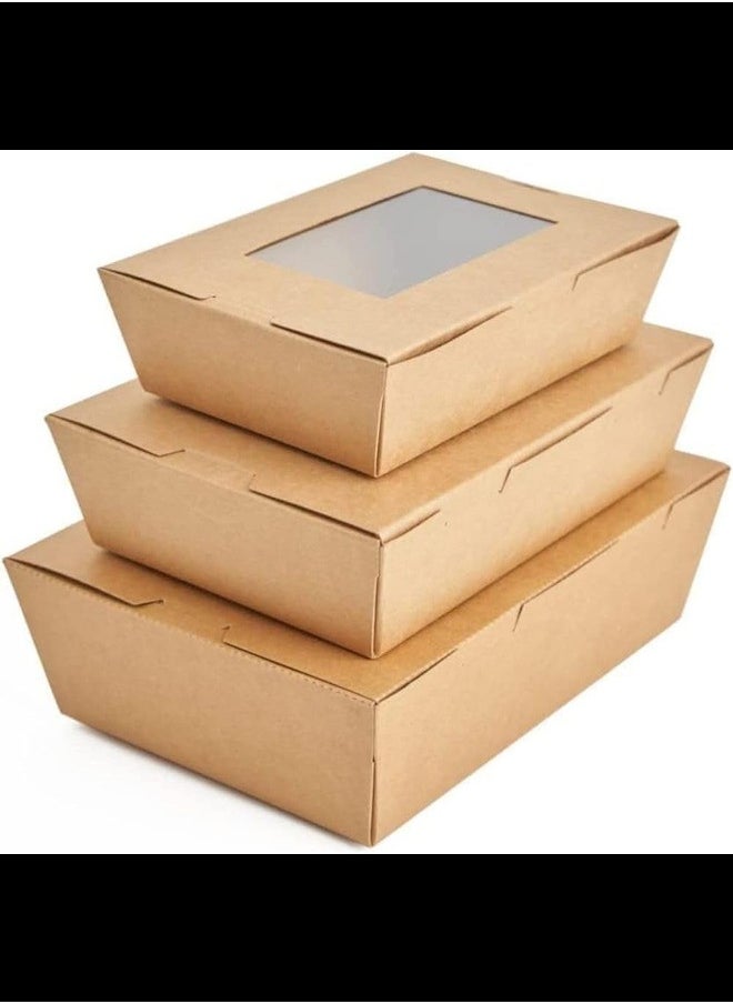 Ecoway Medium Kraft Lunch Box With Window Food Container Made With Craft Paper For Meals & Dessert, Take Away Container, Disposable, Eco-friendly, Compostable, Paperbox Restaurants - Pack Of 70, BrownE