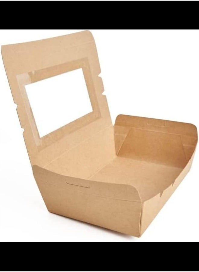 Ecoway Medium Kraft Lunch Box With Window Food Container Made With Craft Paper For Meals & Dessert, Take Away Container, Disposable, Eco-friendly, Compostable, Paperbox Restaurants - Pack Of 70, BrownE