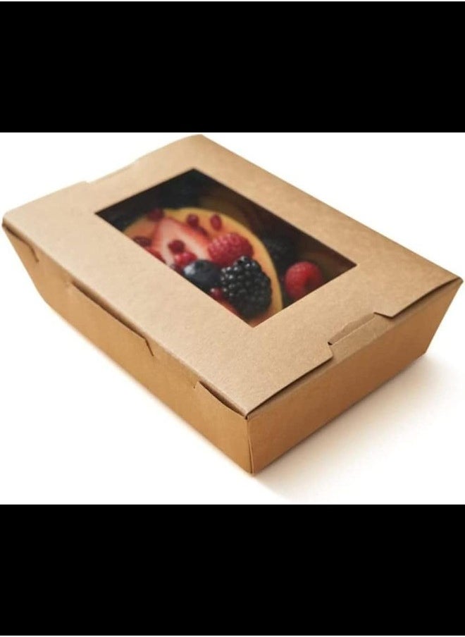 Ecoway Medium Kraft Lunch Box With Window Food Container Made With Craft Paper For Meals & Dessert, Take Away Container, Disposable, Eco-friendly, Compostable, Paperbox Restaurants - Pack Of 70, BrownE