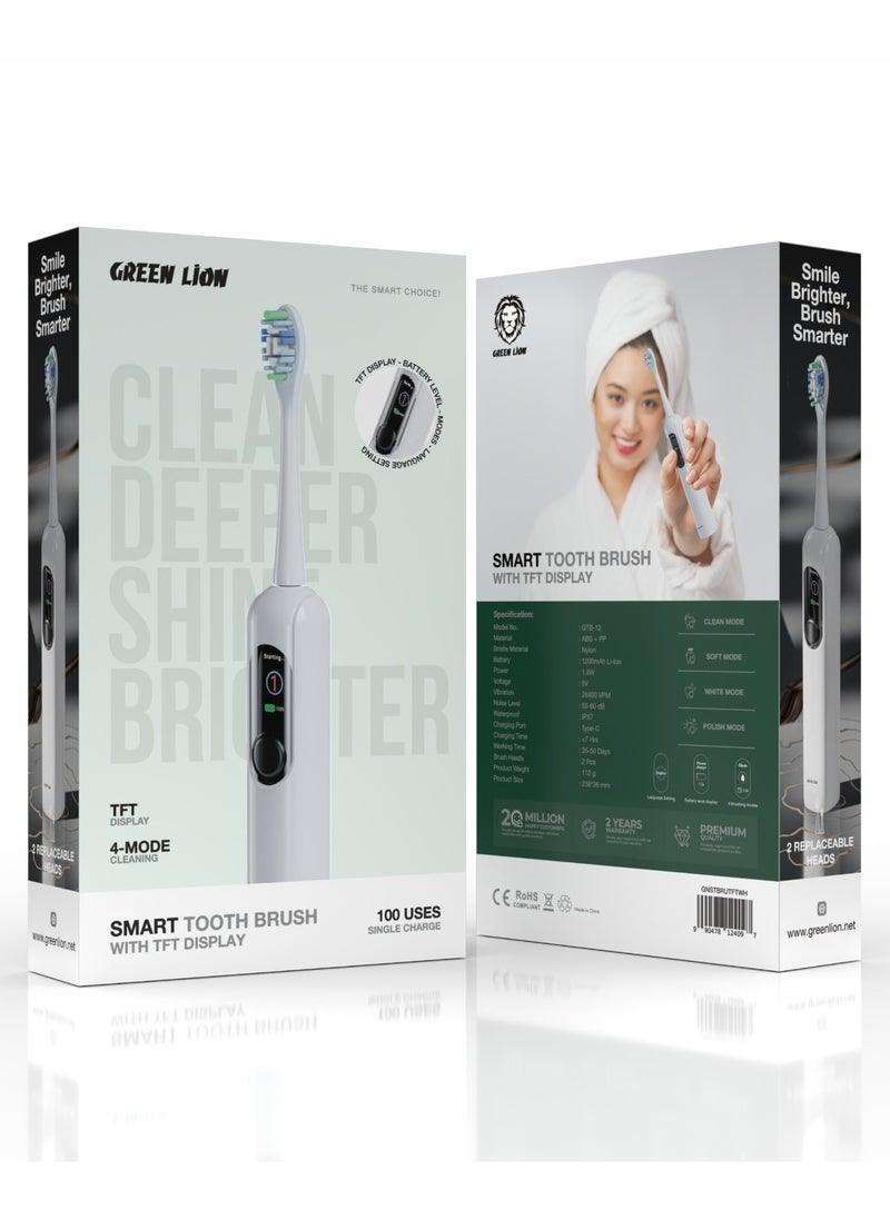 4-Mode Cleaning Smart Toothbrush 28400 VPM with TFT Display & 2 Replaceable Heads / Nylon Bristles / Battery Level Display & Language Setting / Up to 50 Days Working Time / 100 Uses Single Charge - White