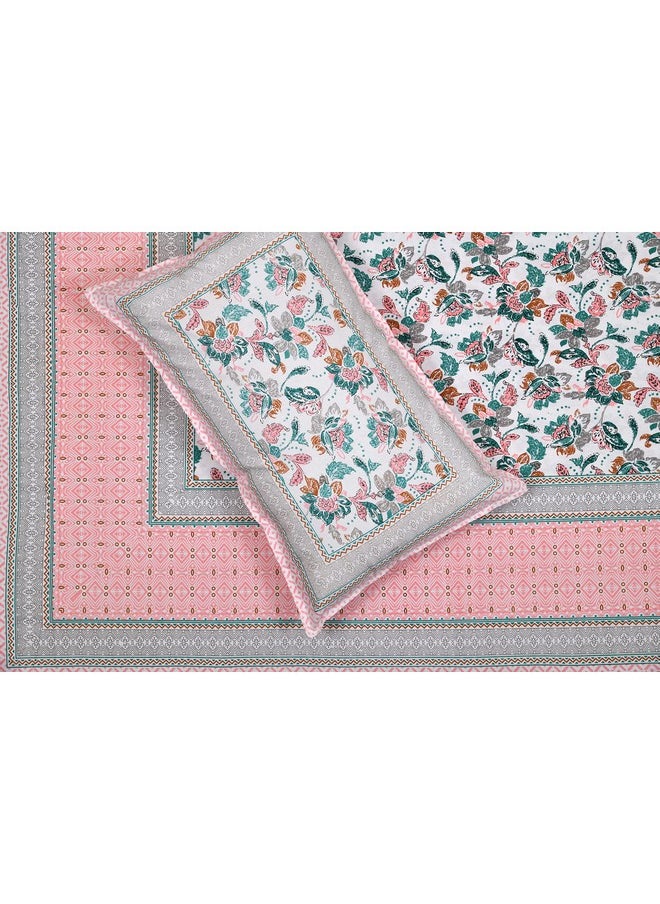 MAFATLAL Pure Cotton Floral Jaipuri King Size Bedsheet for Double Bed with 2 Pillow Covers- 144TC (Pink 6)
