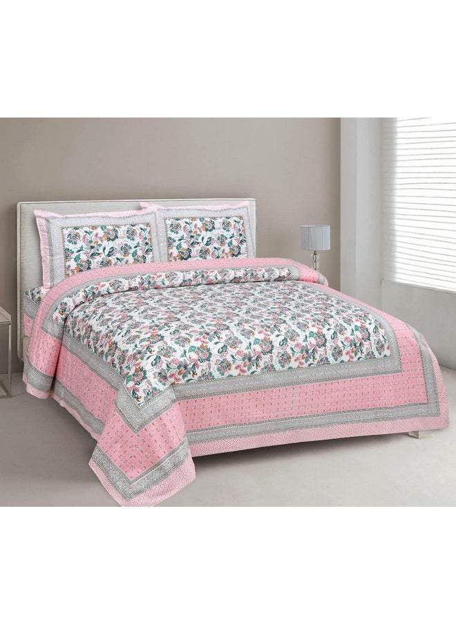 MAFATLAL Pure Cotton Floral Jaipuri King Size Bedsheet for Double Bed with 2 Pillow Covers- 144TC (Pink 6)