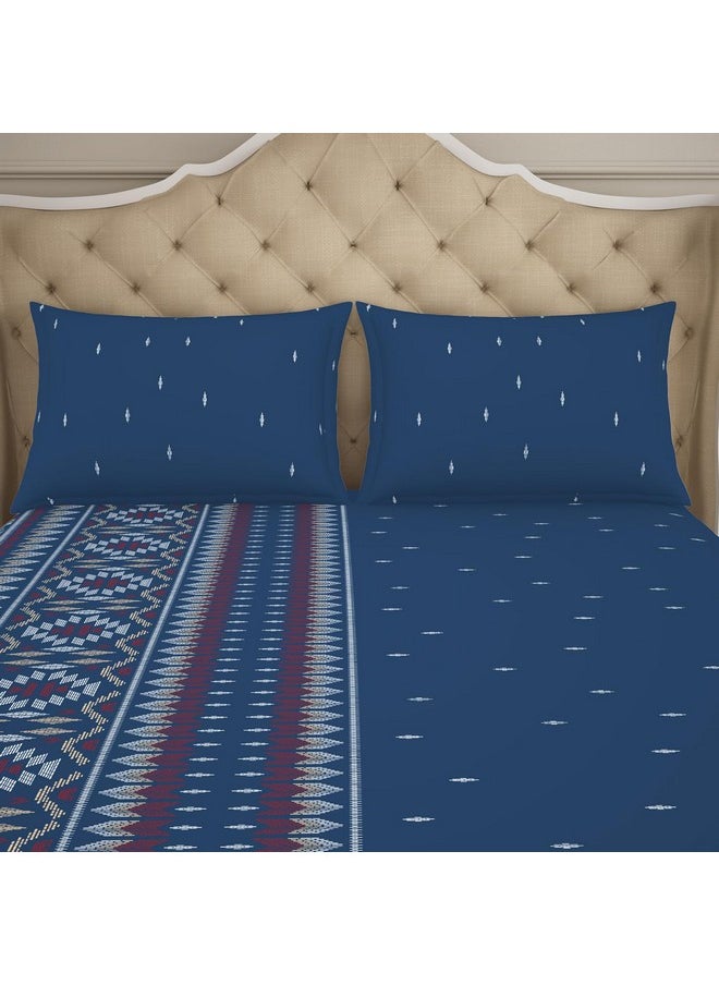 Welspun 100% Cotton Double Bedsheet (224Cm X 254 Cm / 43 Cm X 68 Cm) | 144 Tc Percale Geometric Bedsheet & Pillow Covers Set (Blue Sapphire)- Anti Bacterial