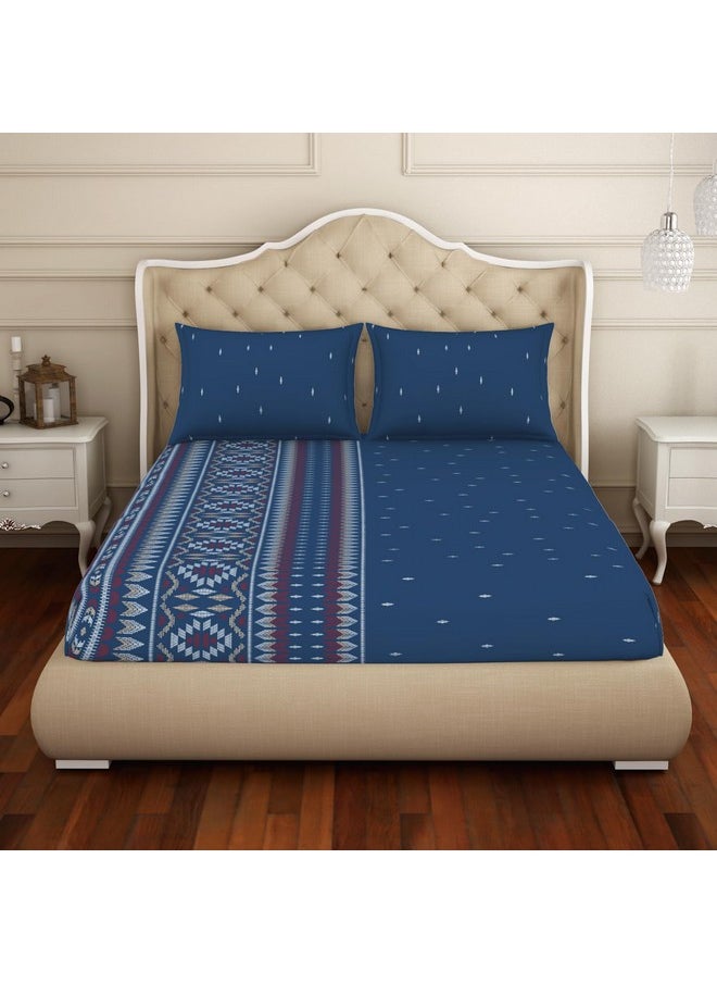 Welspun 100% Cotton Double Bedsheet (224Cm X 254 Cm / 43 Cm X 68 Cm) | 144 Tc Percale Geometric Bedsheet & Pillow Covers Set (Blue Sapphire)- Anti Bacterial