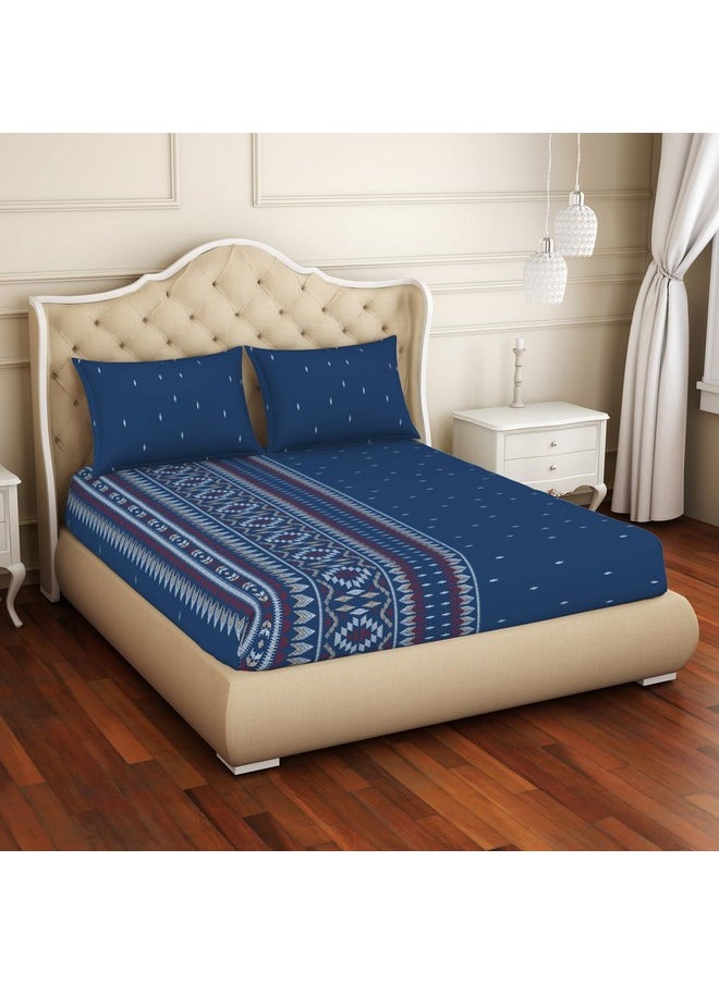 Welspun 100% Cotton Double Bedsheet (224Cm X 254 Cm / 43 Cm X 68 Cm) | 144 Tc Percale Geometric Bedsheet & Pillow Covers Set (Blue Sapphire)- Anti Bacterial