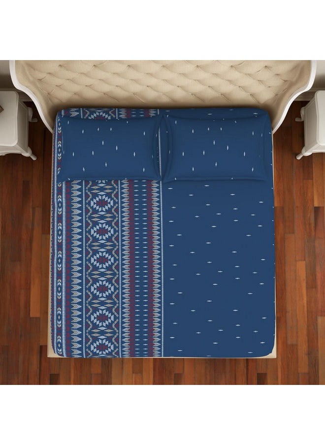 Welspun 100% Cotton Double Bedsheet (224Cm X 254 Cm / 43 Cm X 68 Cm) | 144 Tc Percale Geometric Bedsheet & Pillow Covers Set (Blue Sapphire)- Anti Bacterial