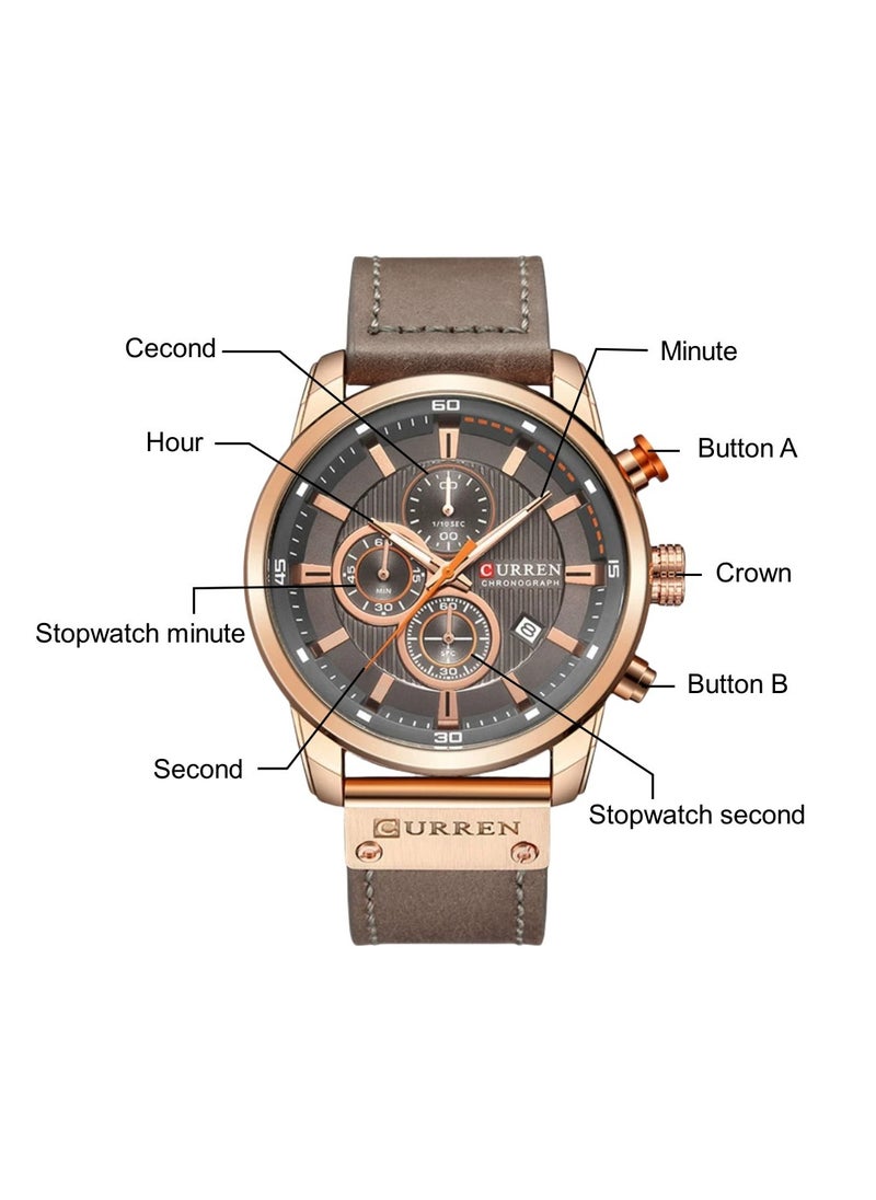 Men's Quartz Watch Waterproof, Leather Strap, 8291