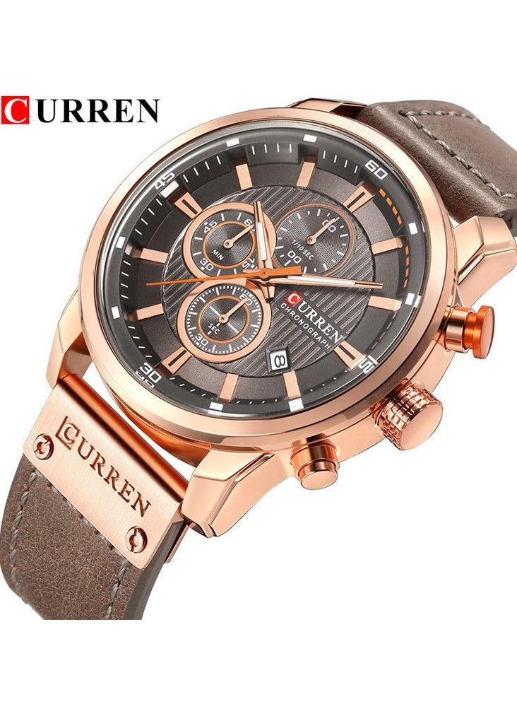 Men's Quartz Watch Waterproof, Leather Strap, 8291