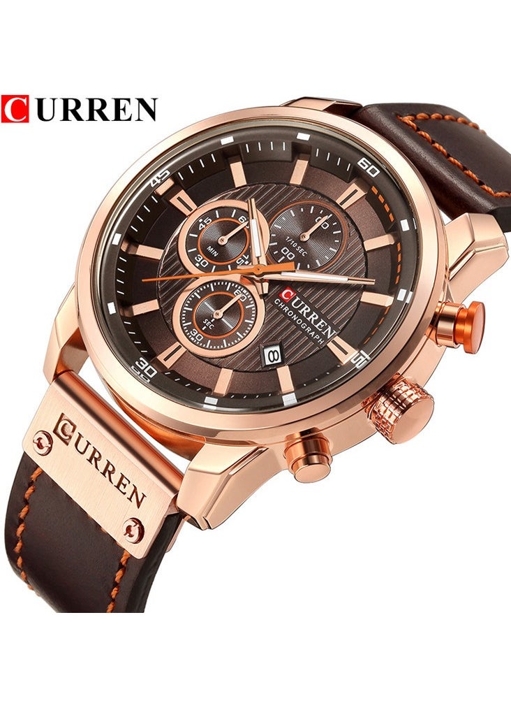 Men's Quartz Watch Waterproof, Leather Strap, 8291