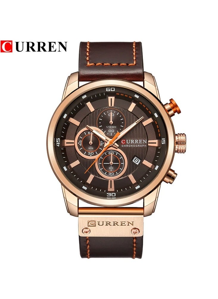 Men's Quartz Watch Waterproof, Leather Strap, 8291