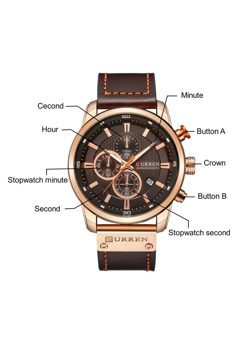 Men's Quartz Watch Waterproof, Leather Strap, 8291