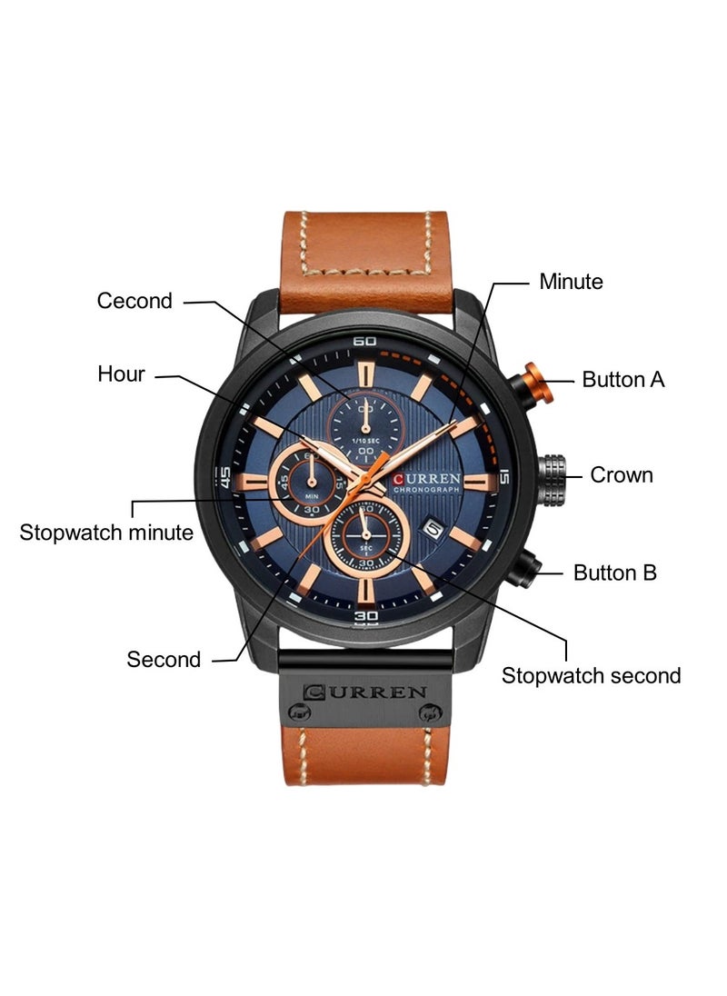 Men's Quartz Watch Waterproof, Leather Strap, 8291