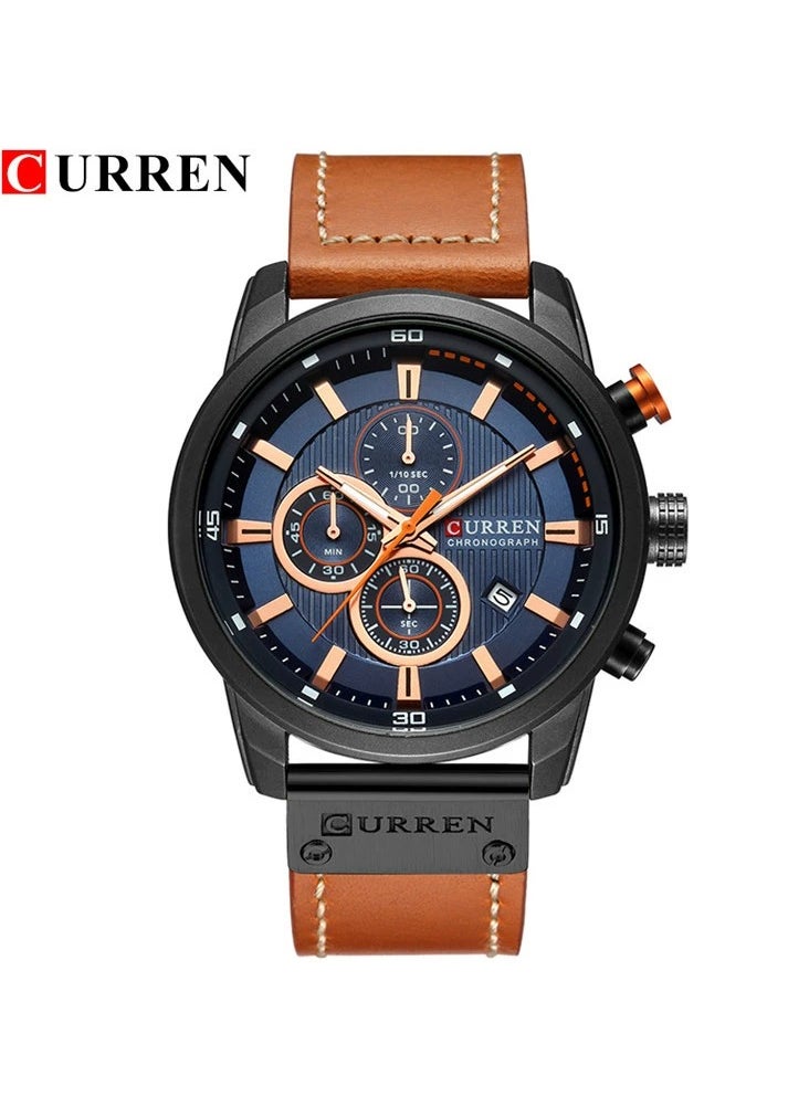 Men's Quartz Watch Waterproof, Leather Strap, 8291