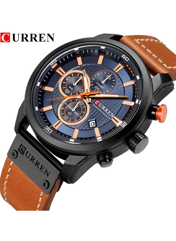Men's Quartz Watch Waterproof, Leather Strap, 8291