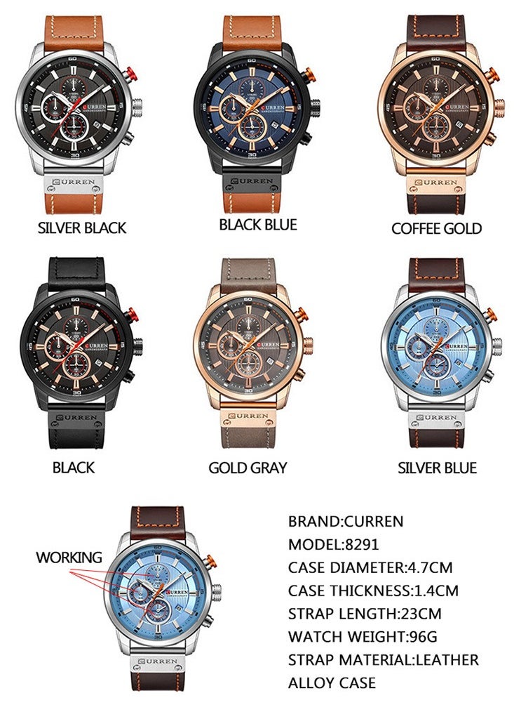 Men's Quartz Watch Waterproof, Leather Strap, 8291