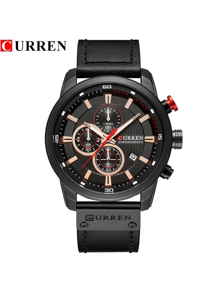 Men's Quartz Watch Waterproof, Leather Strap, 8291