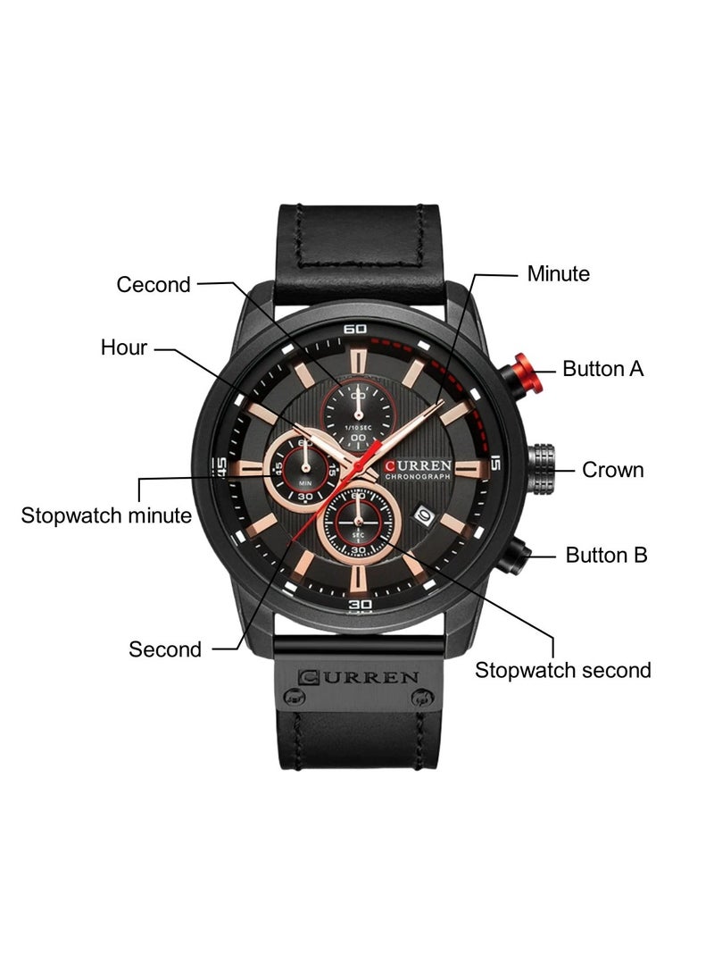 Men's Quartz Watch Waterproof, Leather Strap, 8291