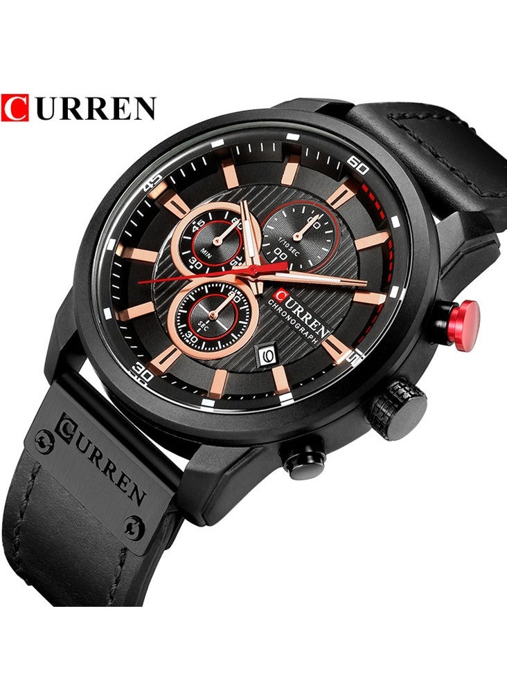 Men's Quartz Watch Waterproof, Leather Strap, 8291