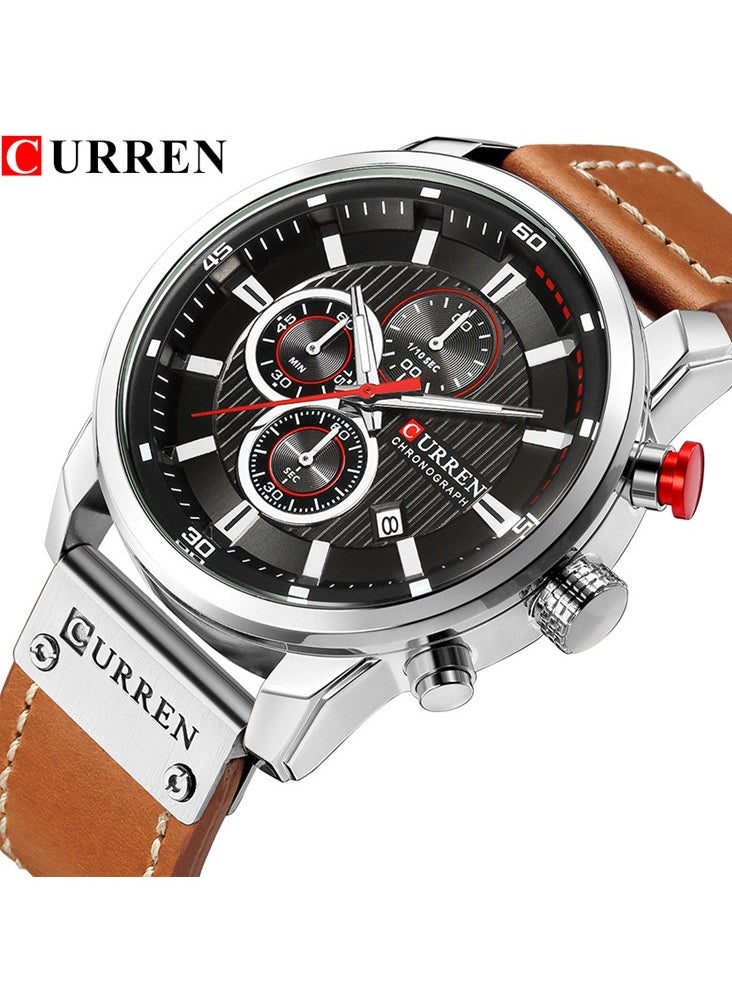 Men's Quartz Watch Waterproof, Leather Strap, 8291