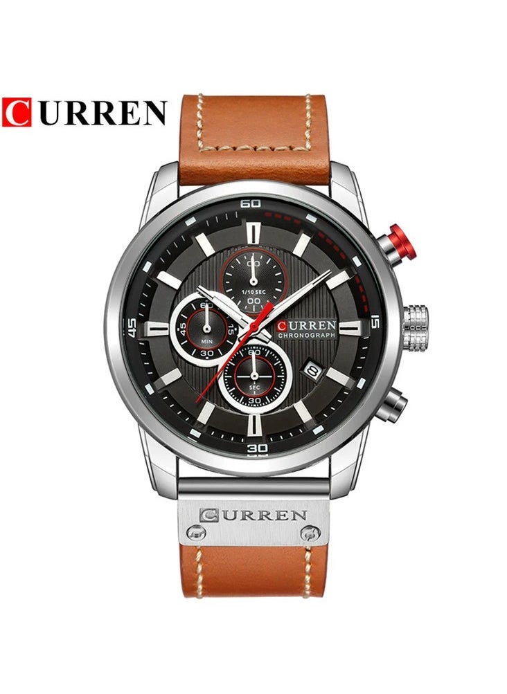 Men's Quartz Watch Waterproof, Leather Strap, 8291