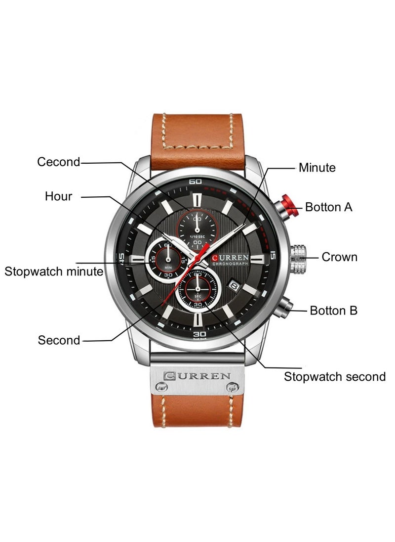 Men's Quartz Watch Waterproof, Leather Strap, 8291