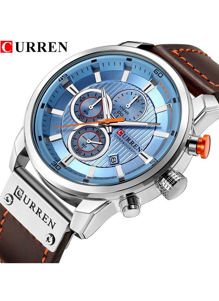 Men's Quartz Watch Waterproof, Leather Strap, 8291