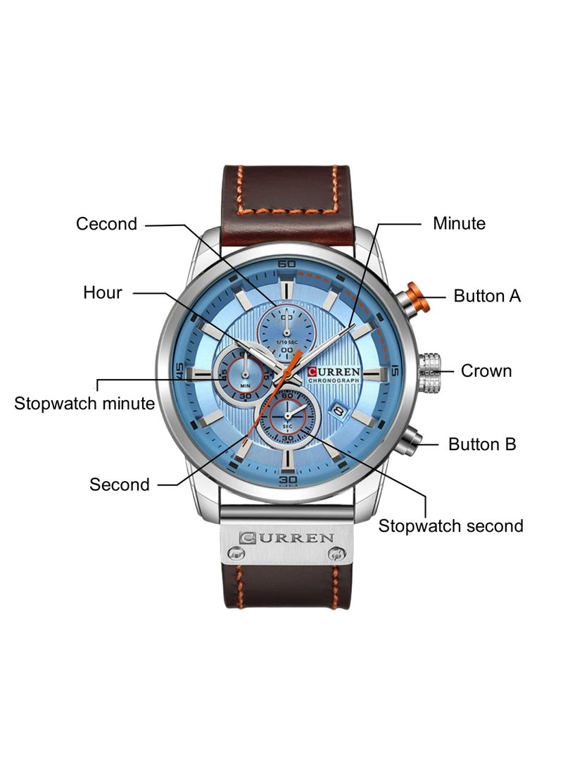 Men's Quartz Watch Waterproof, Leather Strap, 8291