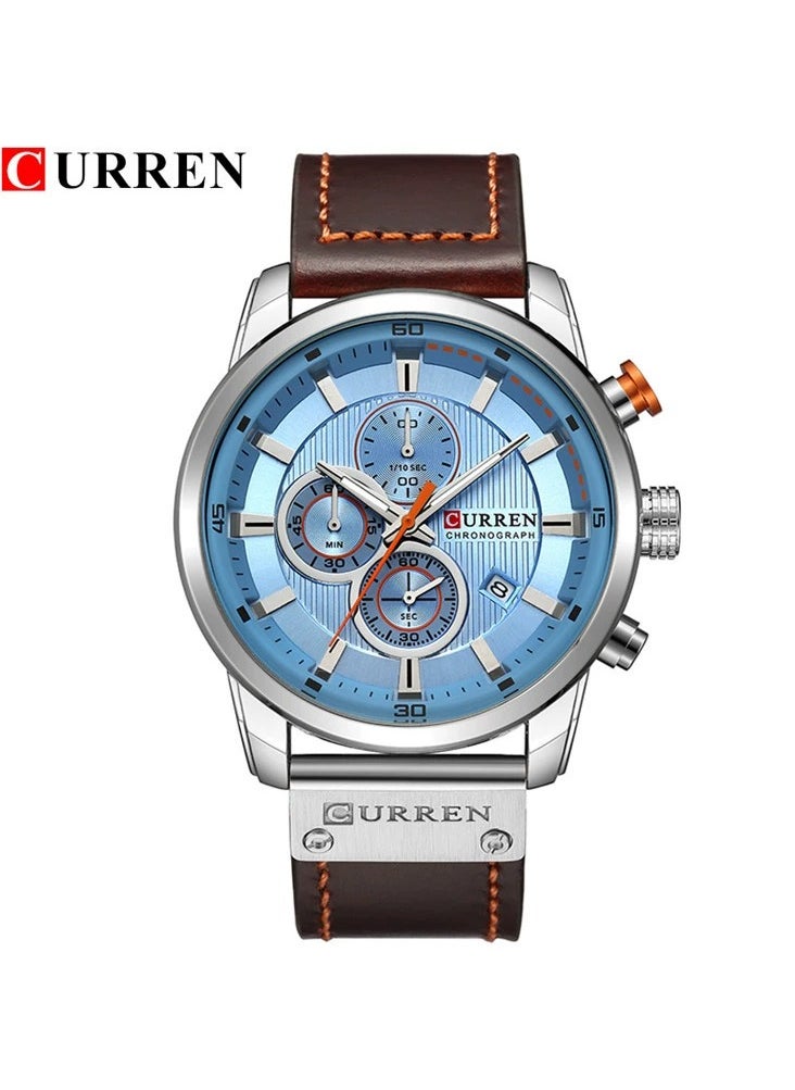 Men's Quartz Watch Waterproof, Leather Strap, 8291