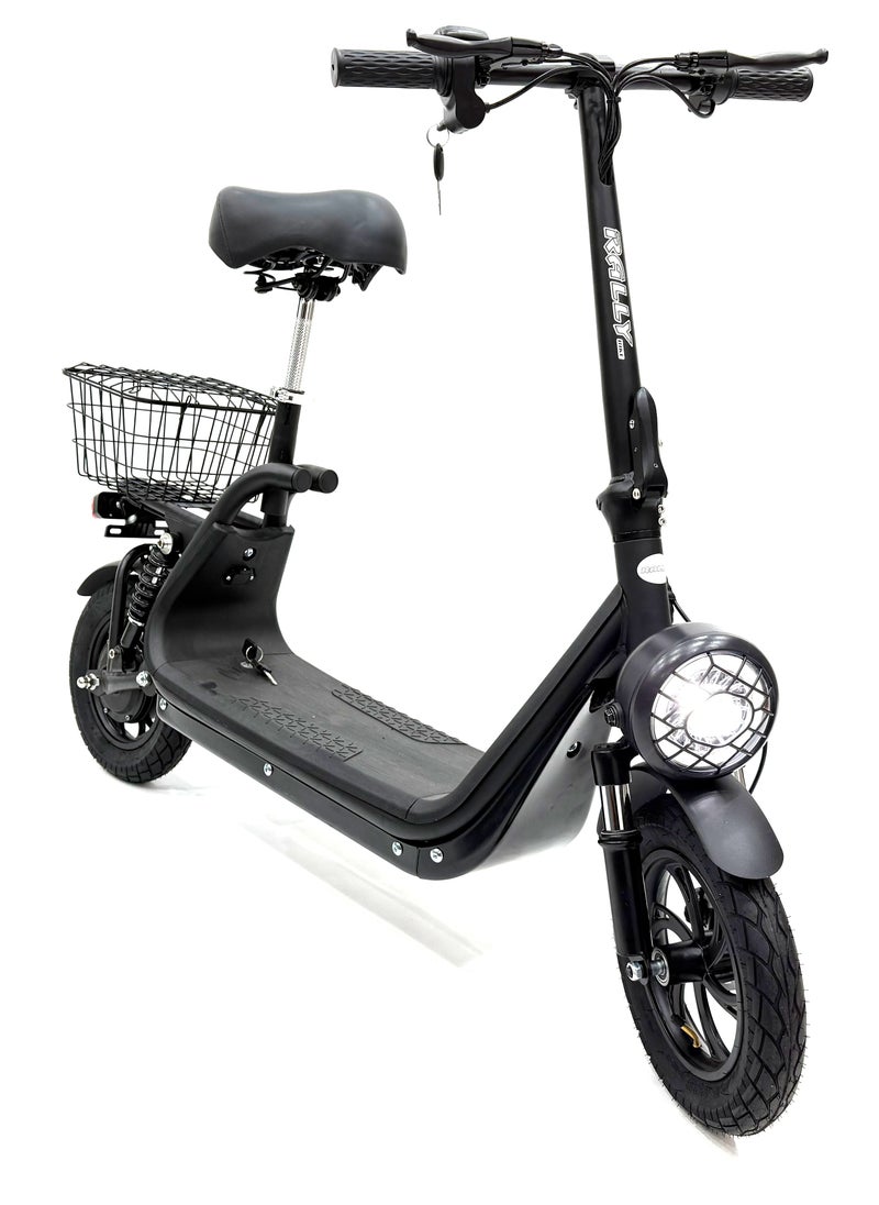 Scooter model RALLY-B2-BASKET, Recommended for adults, 48V 10AH litthium battery, Maximum riding distance is 30km, Maximum speed is 35km/h, Black color