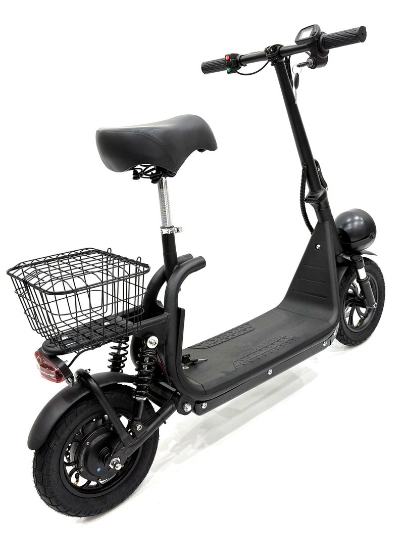 Scooter model RALLY-B2-BASKET, Recommended for adults, 48V 10AH litthium battery, Maximum riding distance is 30km, Maximum speed is 35km/h, Black color