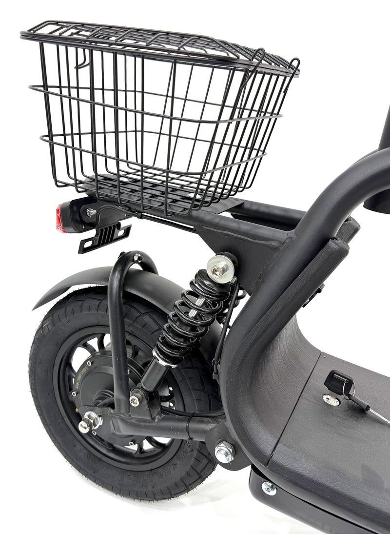 Scooter model RALLY-B2-BASKET, Recommended for adults, 48V 10AH litthium battery, Maximum riding distance is 30km, Maximum speed is 35km/h, Black color