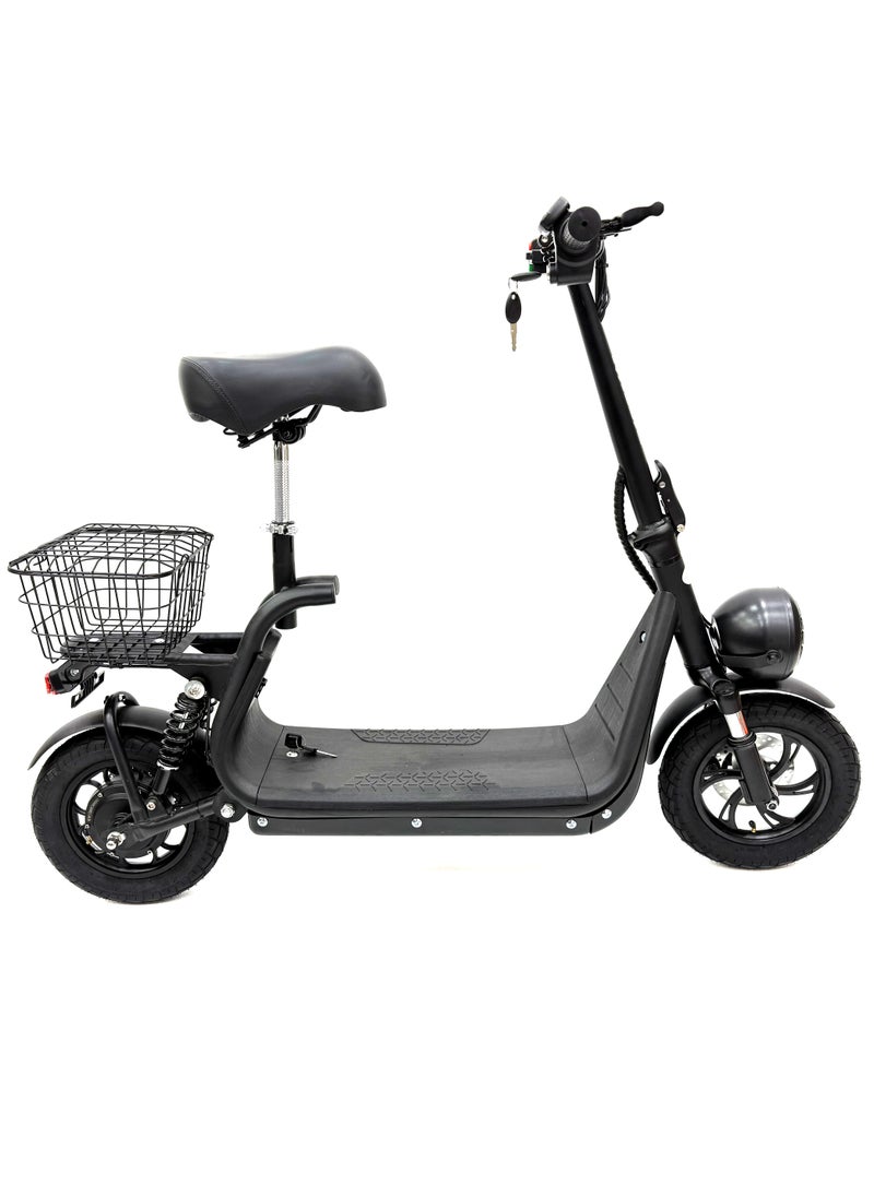 Scooter model RALLY-B2-BASKET, Recommended for adults, 48V 10AH litthium battery, Maximum riding distance is 30km, Maximum speed is 35km/h, Black color