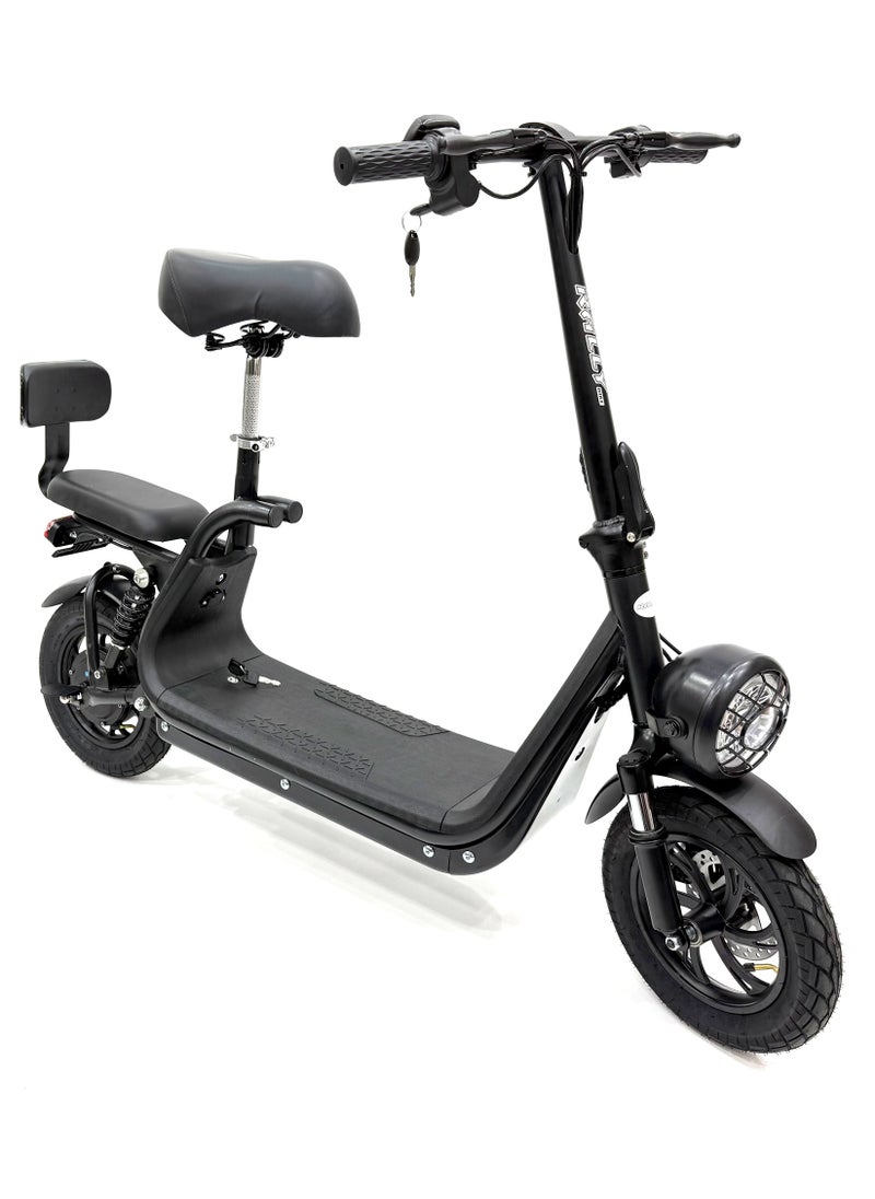 Scooter model RALLY-B2-SEAT, Recommended for adults, 48V 10AH litthium battery, Maximum riding distance is 30km, Maximum speed is 35km/h, Black color