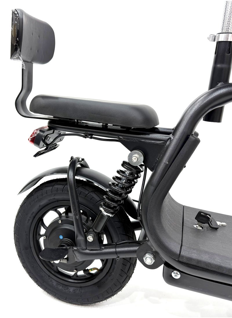 Scooter model RALLY-B2-SEAT, Recommended for adults, 48V 10AH litthium battery, Maximum riding distance is 30km, Maximum speed is 35km/h, Black color
