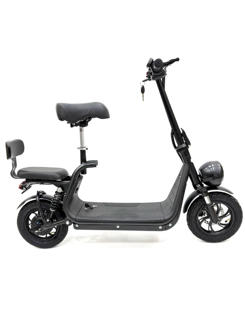 Scooter model RALLY-B2-SEAT, Recommended for adults, 48V 10AH litthium battery, Maximum riding distance is 30km, Maximum speed is 35km/h, Black color