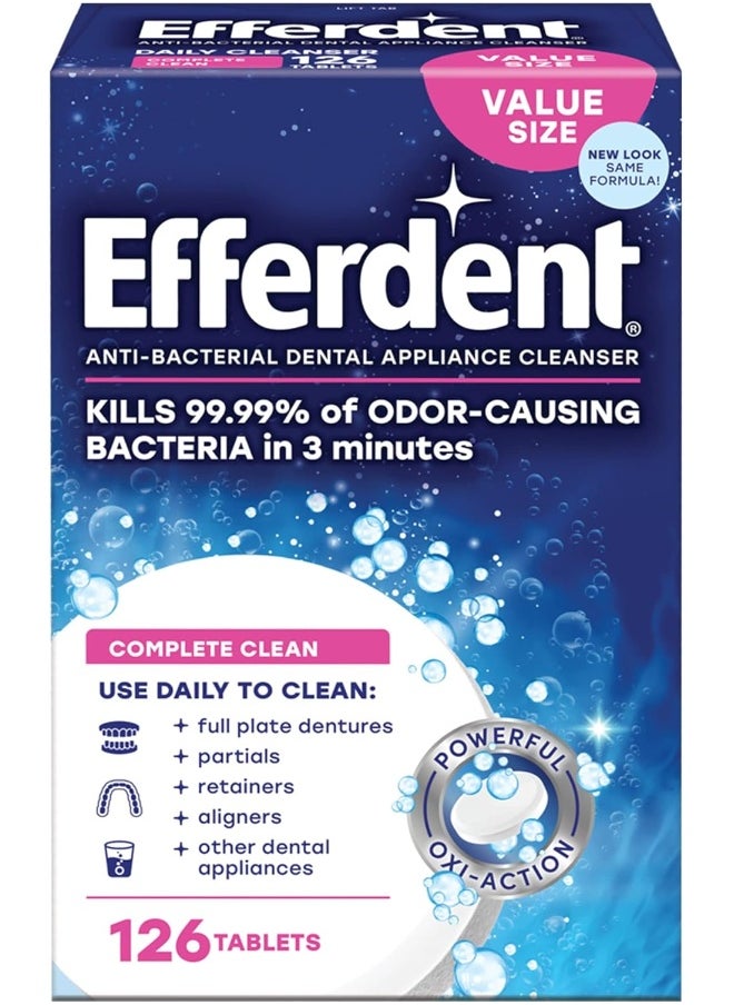 Efferdent Retainer Cleaning Tablets, Denture Cleanser Tablets for Dental Appliances, Complete Clean, 126 Tablets