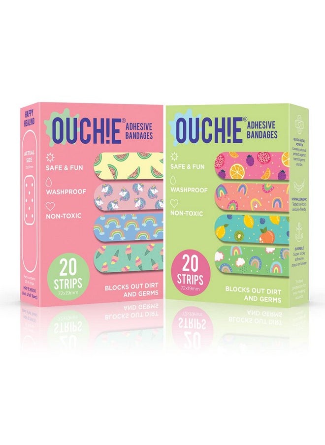 Aya Papaya Ouchie Non-Toxic Printed Bandages Double Combo (40 Pack) - Pink & Lime Green