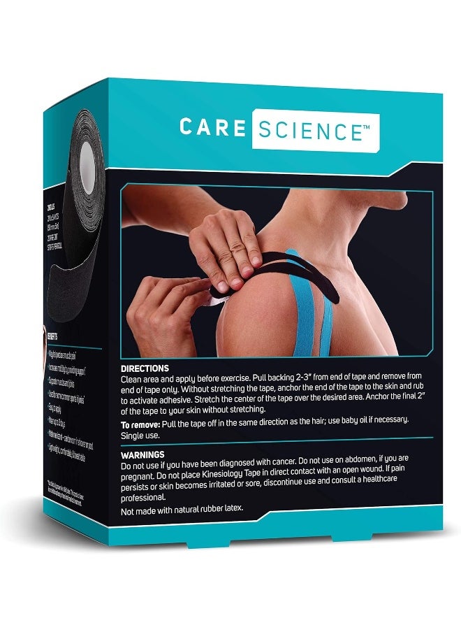 Care Science Waterproof Kinesiology Tape, 40 ct Precut Strips (2 Rolls), Black