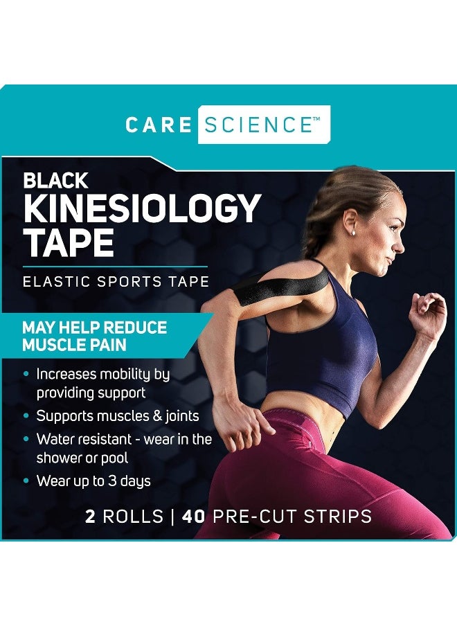 Care Science Waterproof Kinesiology Tape, 40 ct Precut Strips (2 Rolls), Black