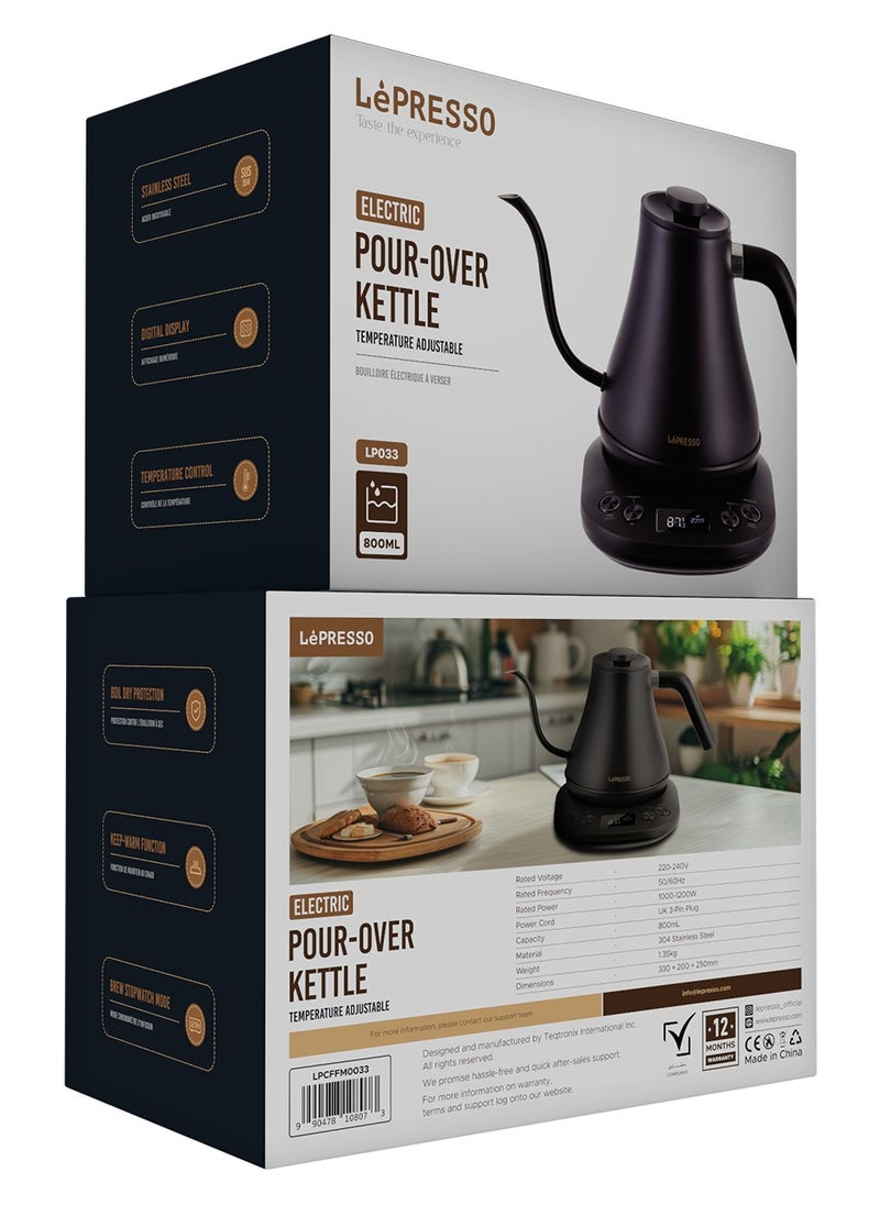 Electric Pour-Over Kettle 800ml 1200W / Adjustable Temperature / Keep-Warm Function / Boil Dry Protection / Digital Display / Durable Rust Resistant Electric Kettle - Black