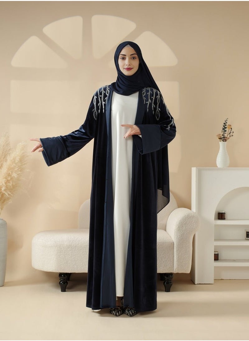 Elegant Black Velvet Abaya for Women – Handcrafted Embellished Islamic Dress – Modest Attire for Ramadan & Eid