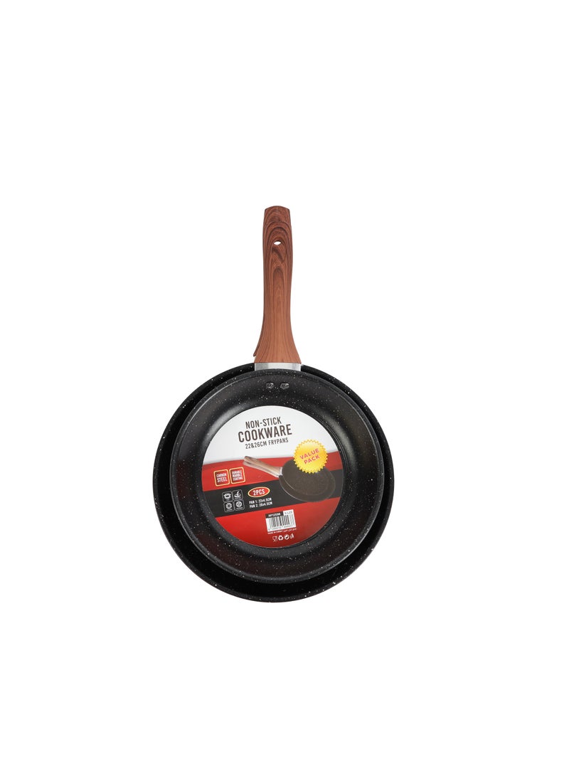 Royalford 2 Piece Frypan Set- RF12598/ 22 cm and 26 cm, Strong Carbon Steel Body with Nonstick Marble Coating and Heat Resistant Handle/ Compatible with Hot Plate
