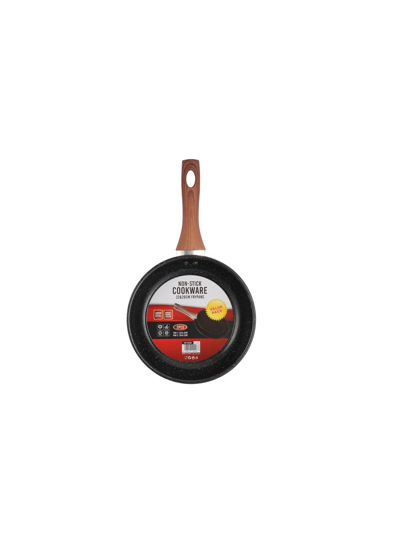 Royalford 2 Piece Frypan Set- RF12598/ 22 cm and 26 cm, Strong Carbon Steel Body with Nonstick Marble Coating and Heat Resistant Handle/ Compatible with Hot Plate