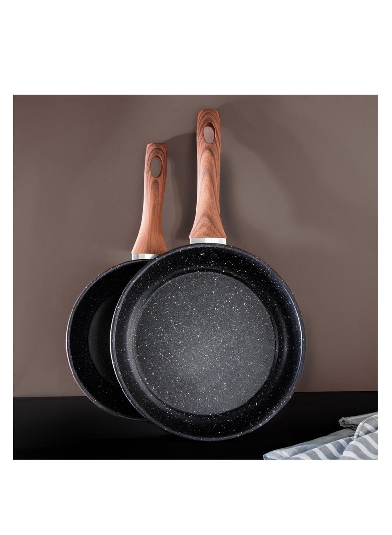 Royalford 2 Piece Frypan Set- RF12598/ 22 cm and 26 cm, Strong Carbon Steel Body with Nonstick Marble Coating and Heat Resistant Handle/ Compatible with Hot Plate