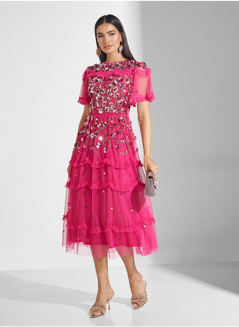 Embellished Mesh Detailed Midi Dress
