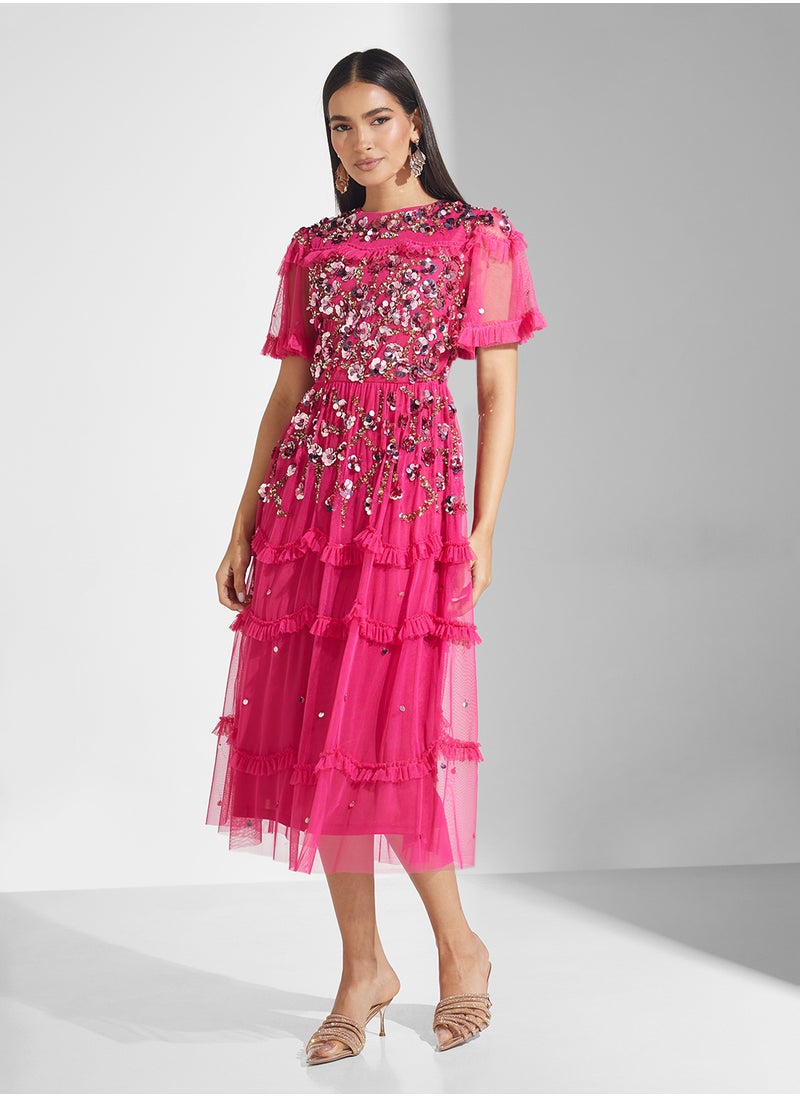 Embellished Mesh Detailed Midi Dress