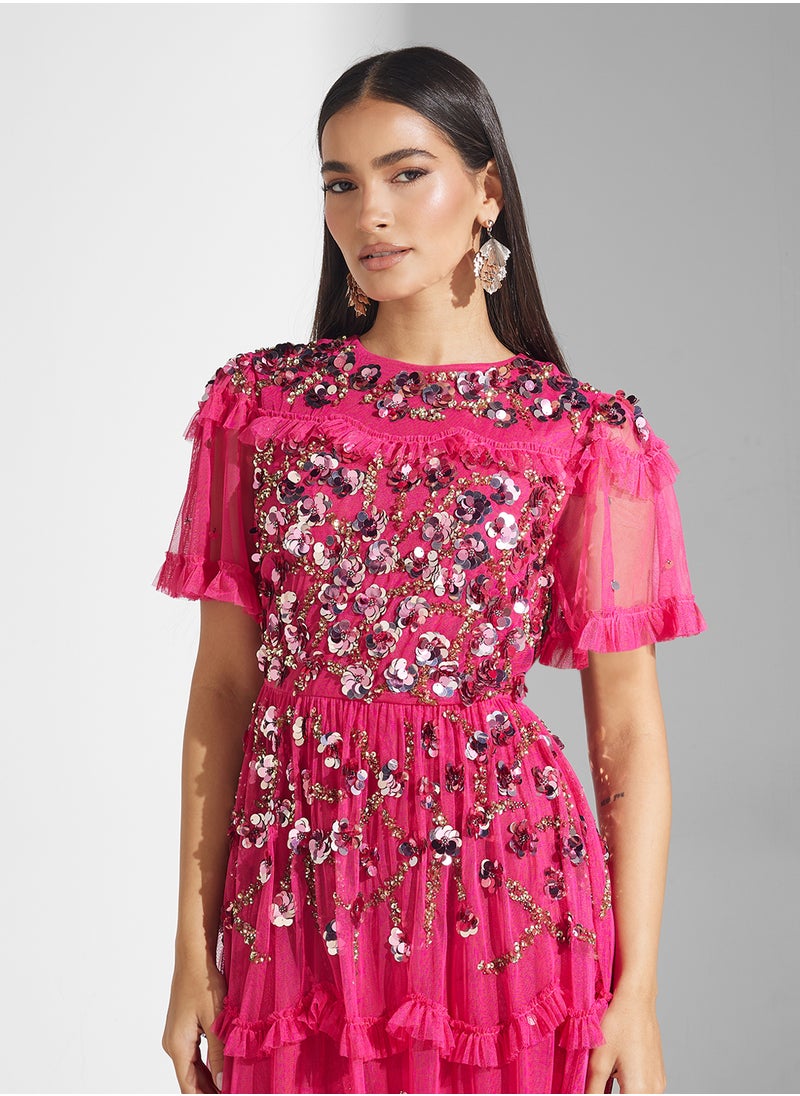 Embellished Mesh Detailed Midi Dress