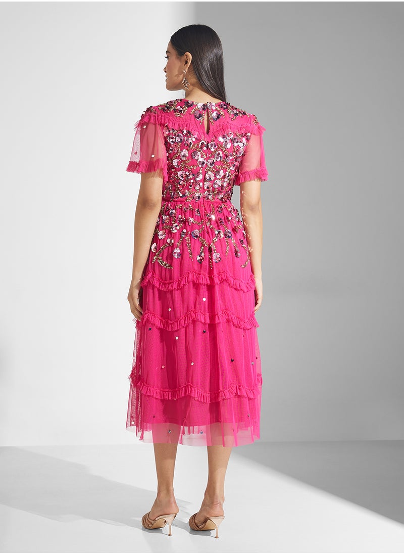 Embellished Mesh Detailed Midi Dress