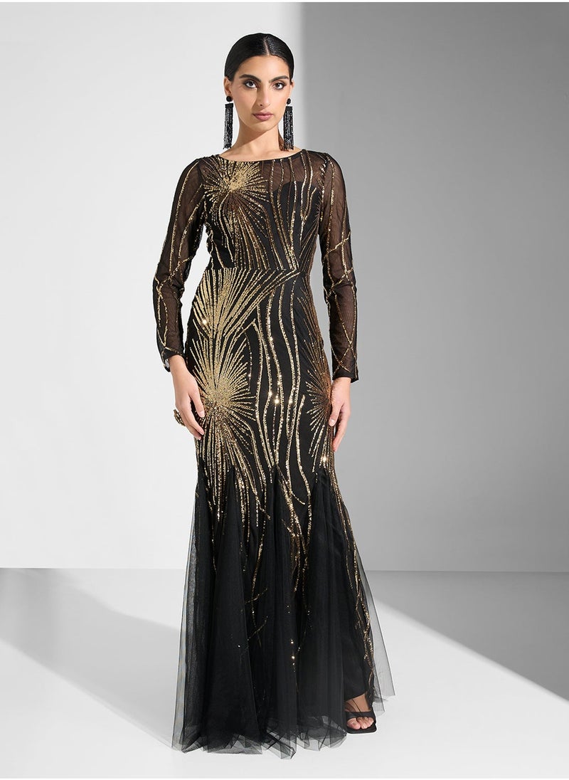 Mesh Sequin Long Sleeve Round Neck Fishtail  Dress